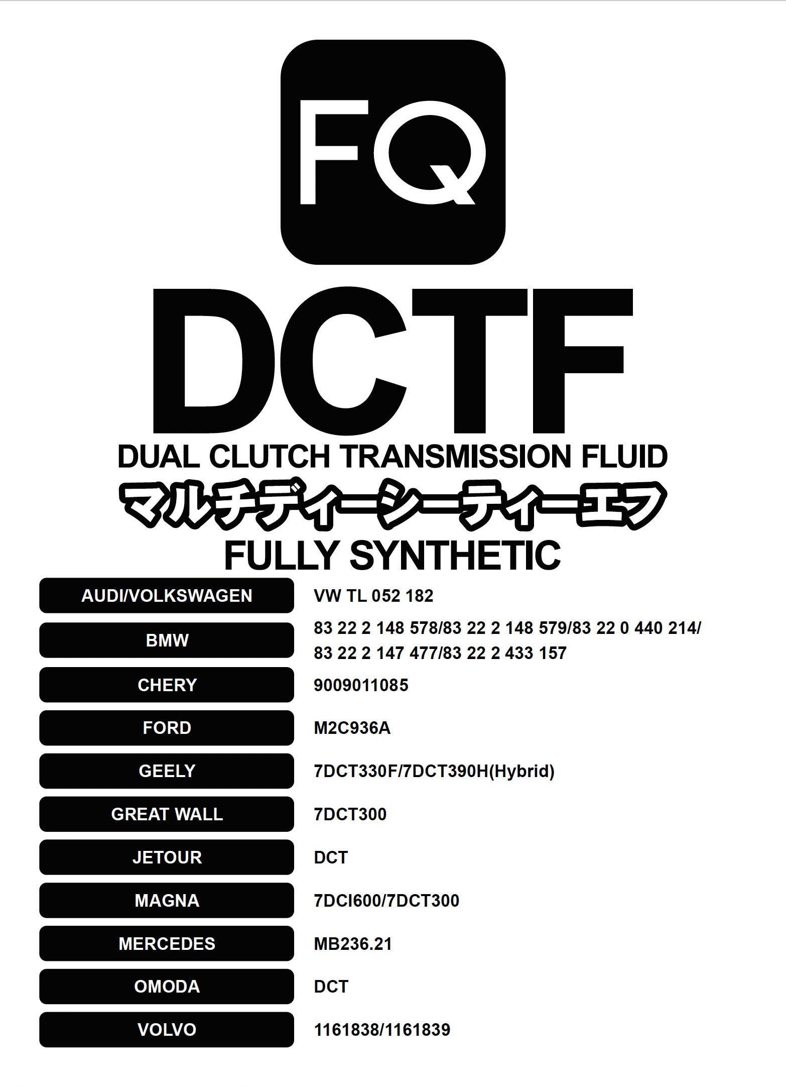 Трансмиссионное масло FQ DCTF FULLY SYNTHETIC на розлив